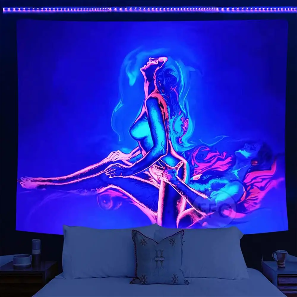 Blacklight Tapestry Burning Lover UV Reactive Psychedelic Neon Wall Hanging Tapestry Aesthetic Room Decor Yoga Meditation