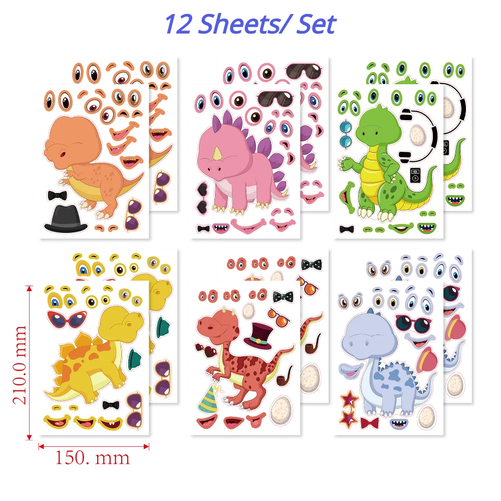 12 DIY Sticker Puzzle Game Do Face Animal Dinosaur Assembly Puzzle Children's Identification Educational Toy Kawaii Stickers