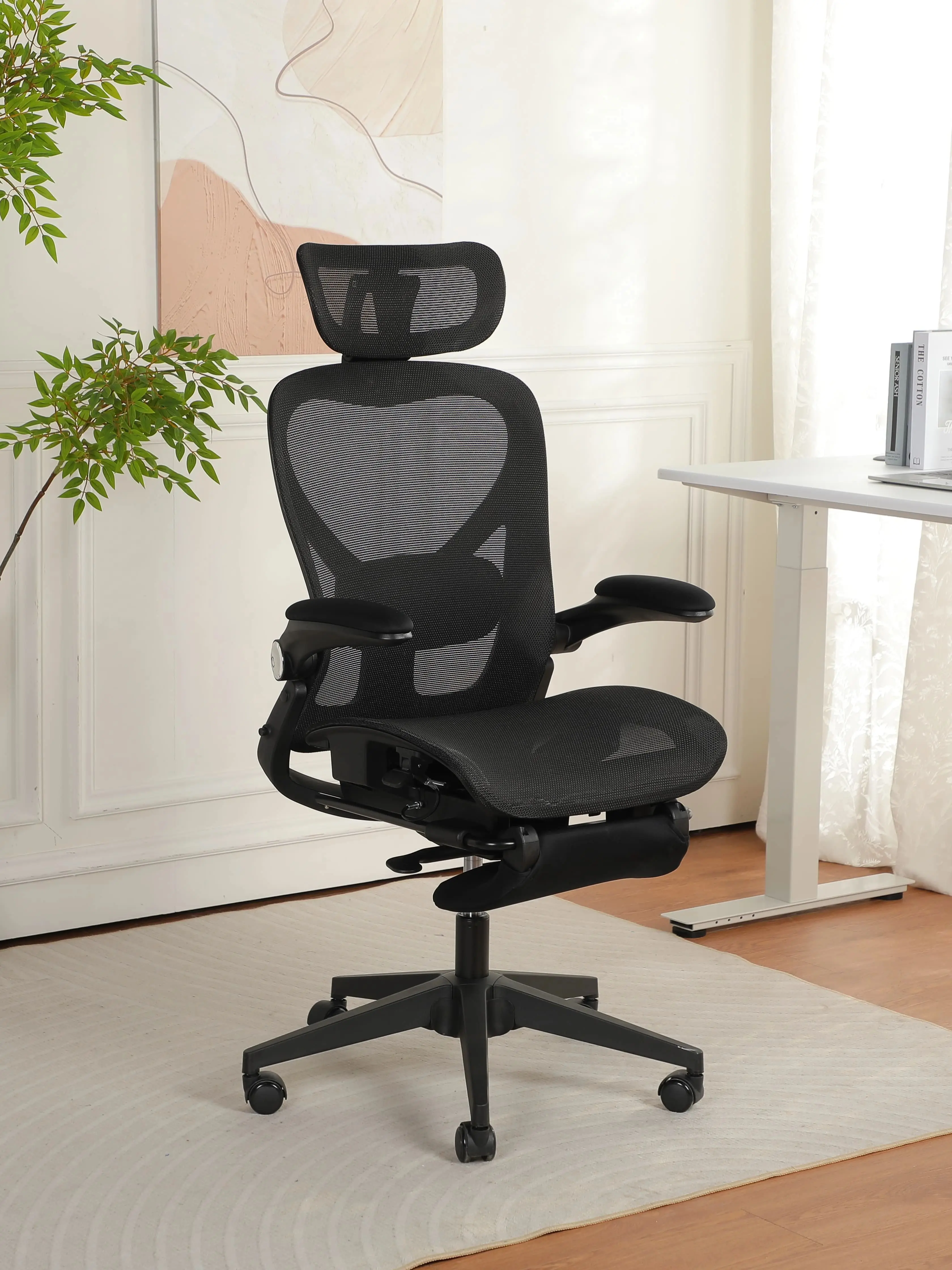 Klappbarer ergonomischer Bürostuhl, kleiner Platz-Klappstuhl mit Taillenstütze, Ganznetzschiebekissen, klappbare Armlehnen, 3D-Kopfstützen und Bürostuhl mit Arbeitspedalen