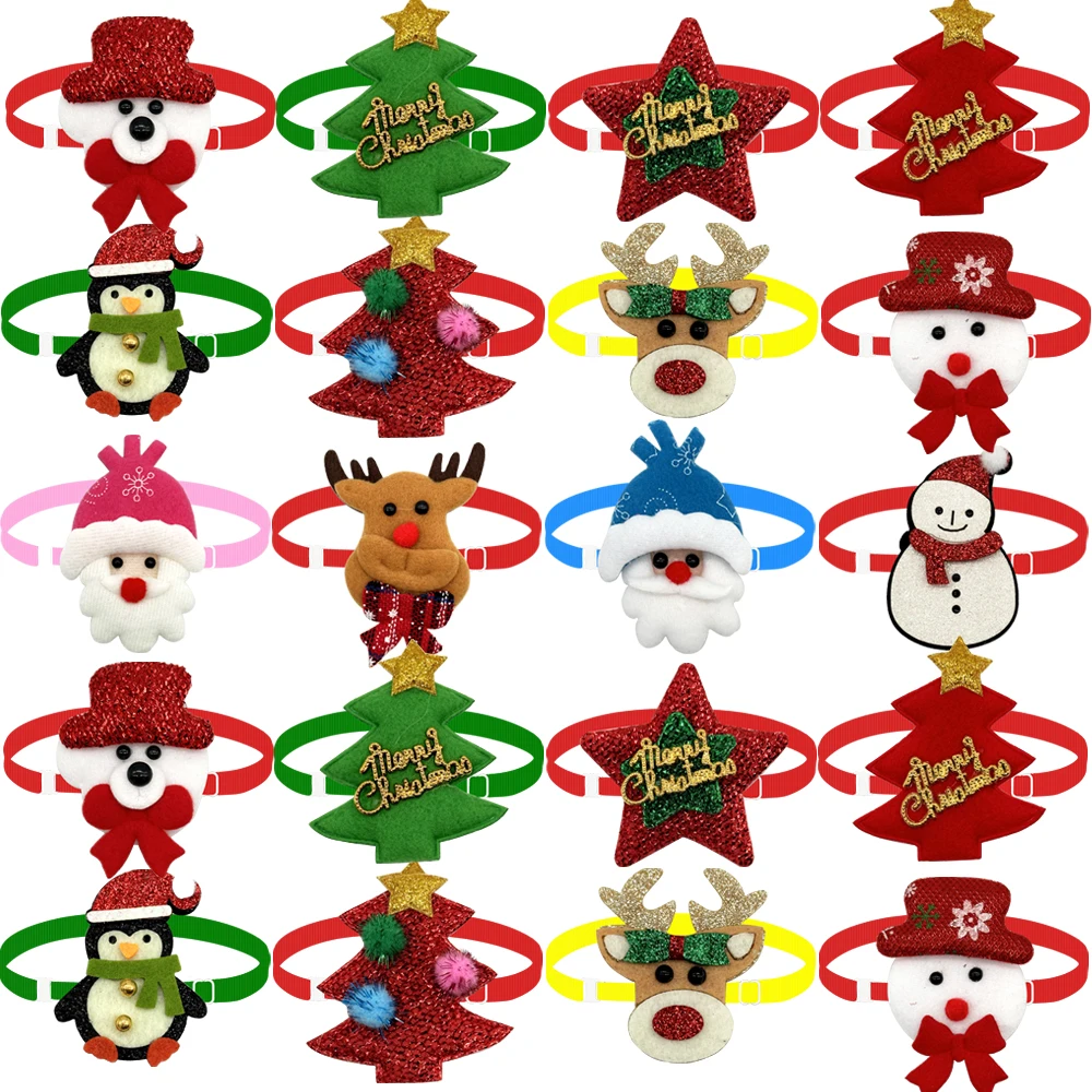 50/100PCS Christmas Small Dog Bow Ties Pet Cat Puppy Bow Ties Small Dog Collar Snowman Deer Holiday Grooming Neckties Bowties