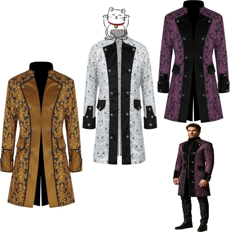 

Medieval men's coat solid color fashion steampunk retro men's uniform stand up collar costume Halloween Easter fantasy carnival