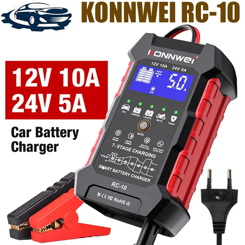 KONNWEI RC-10 Car Battery Charger 12V 10 A 24V 5A Automatic Fast Charging Pulse Repair Battery Charger Lead Acid AGM Gel