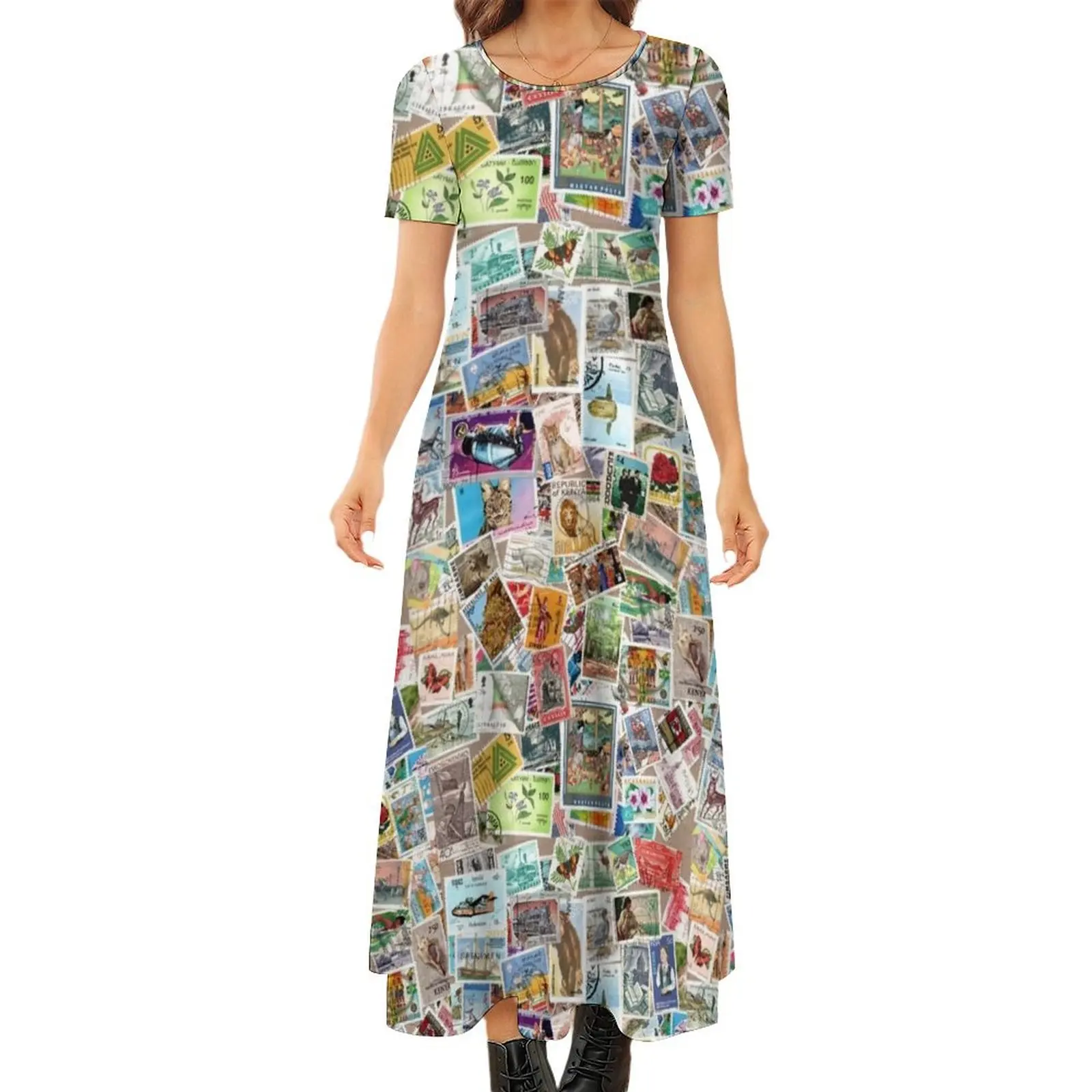 

Vintage postage stamps Round Neck Short Sleeve Dress Women"s summer suit evening dress women