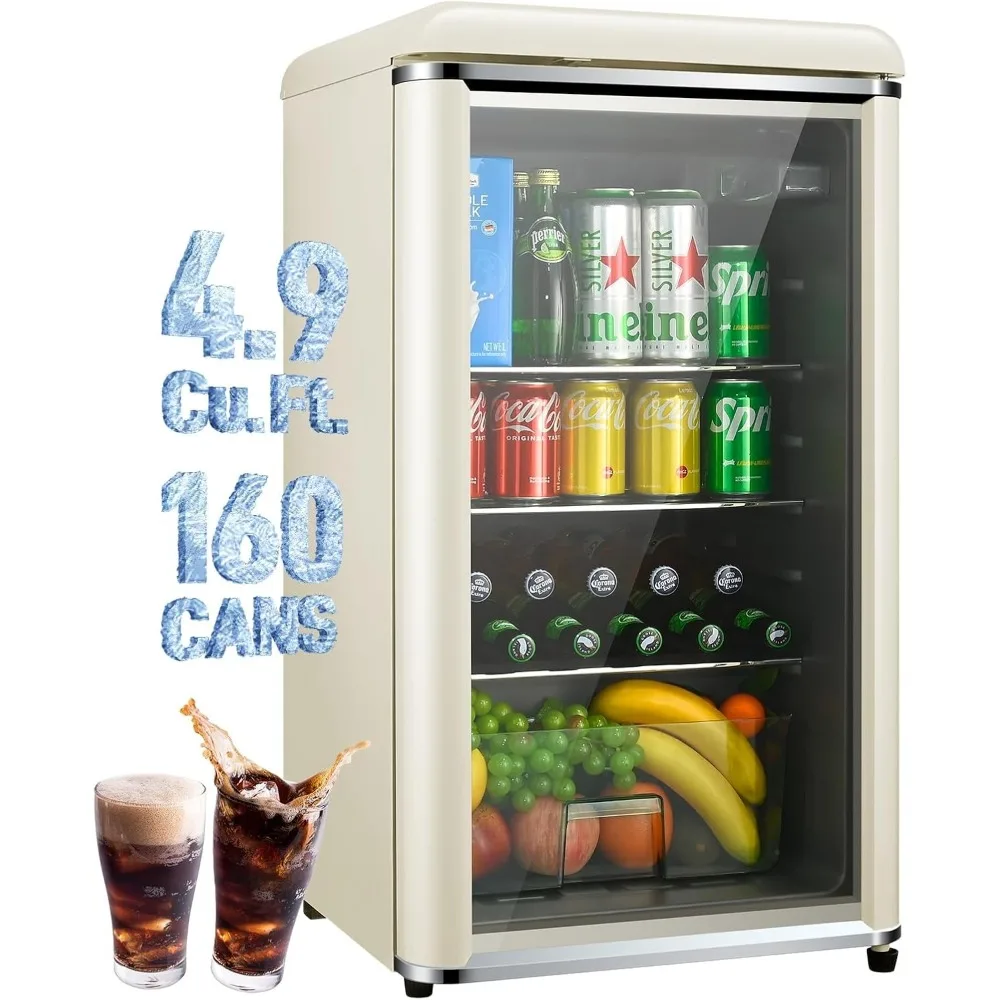 

Small Beverage Refrigerator Cooler, 4.9 Cu.Ft Retro Mini fridge with Double Tempered Glass Door, 160 Can Wine Drink Beer Fridge