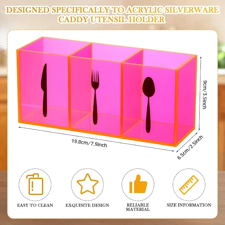 Pink Acrylic Cutlery Storage Organizer Bin with 3 Sections for Countertop or Cabinet Use Silverware Caddy to Hold Knives Spoons