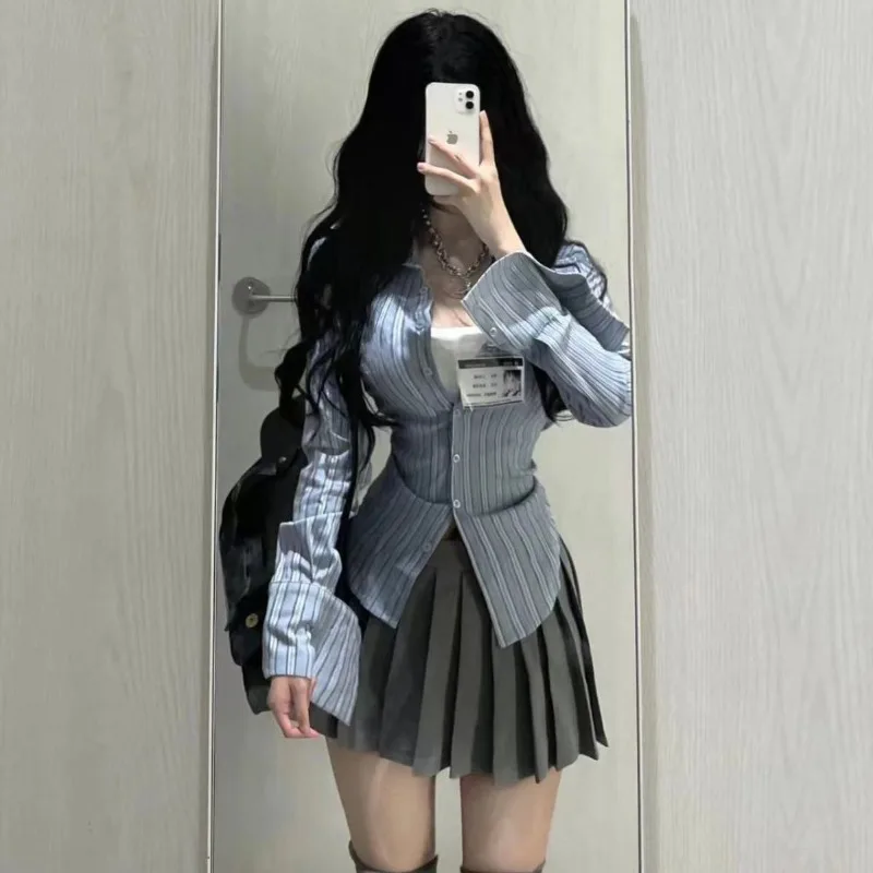 Jk Striped Shirts Two Piece Sets Womens Outifits Short Grey Pleated Skirts Slim Suit Loose Blouse Lady Office  Y2k Korean