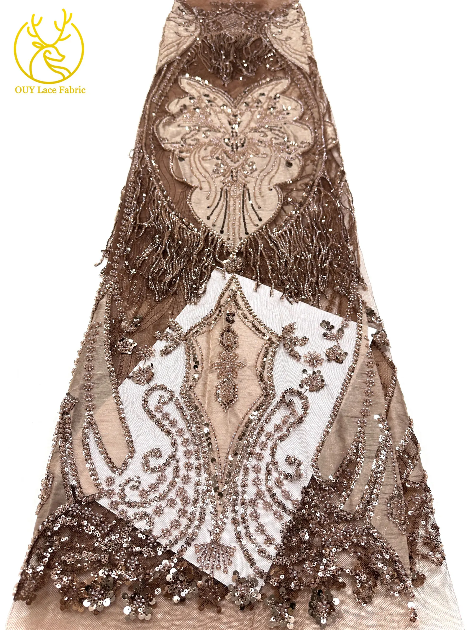 Eleganter Afrikanischer Samt 3D Perlen-Spitzenstoff 5 Yards Französische Pailletten Tüll Stickerei Spitzenstoff Nigerianisches Hochzeitskleid Nähzubehör – Detail 15