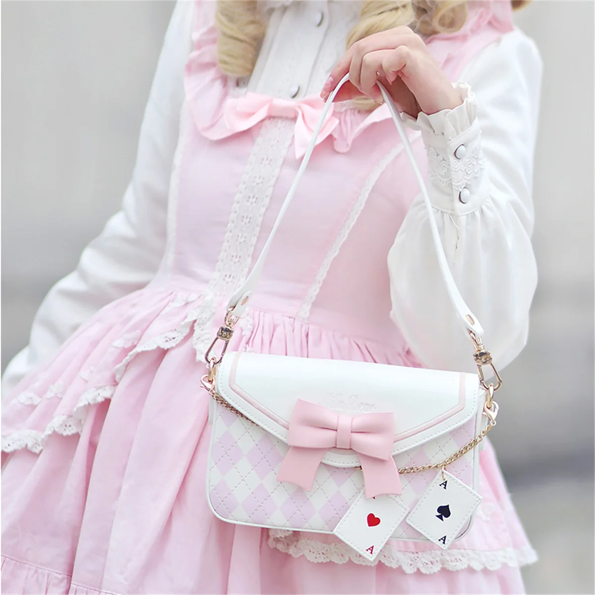 Japanese Sweet Cute Girls Lolita Bag Cosplay Square Diamond Bowknot Poker Chain Handbag Shoulder Crossbody Bear Zipper Bag