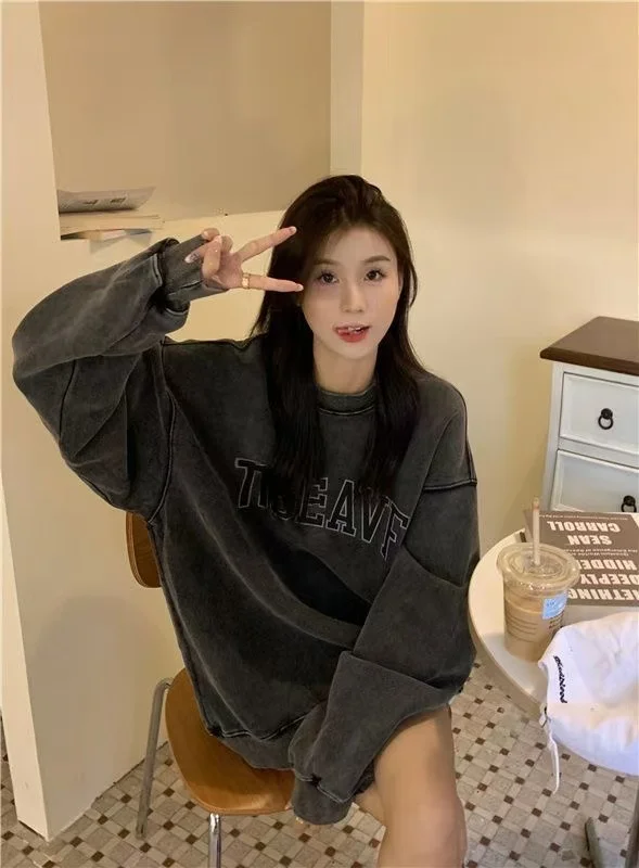 Women's American Vintage Distressed Sweatshirt - Autumn Casual Loose Crew Neck Pullover Versatile Oversized Long Top