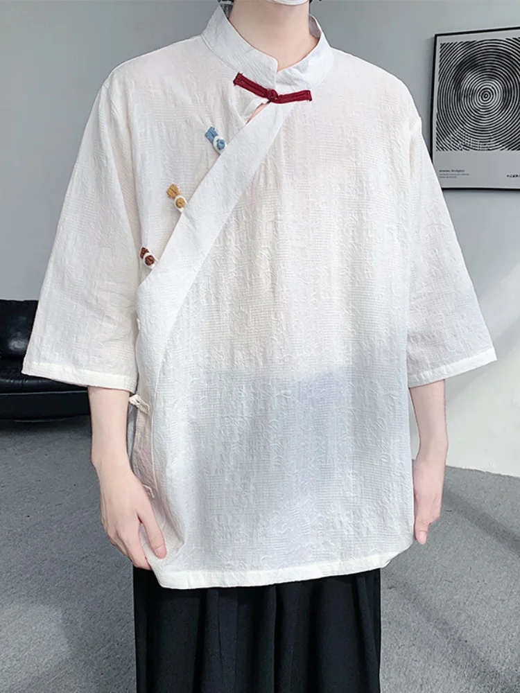 

Lightweight Summer Linen Cotton Shirt for Men with Buttoned Slanting Collar Traditional Chinese Style Short Sleeve Breathable