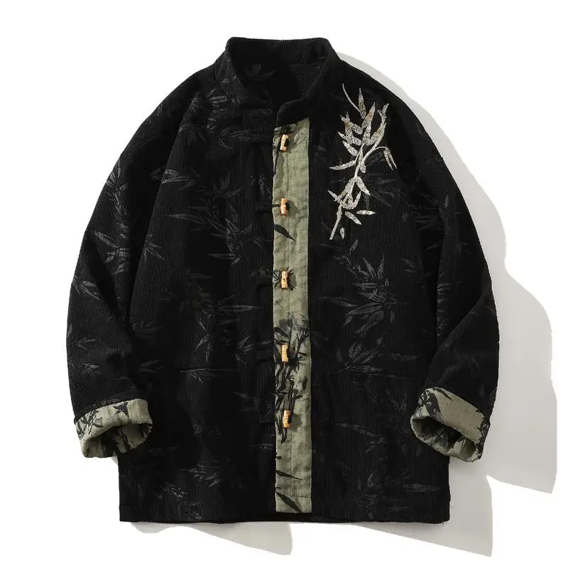 

New Chinese Sle Bamboo Le Embroidery Casual Jaet Men's Spring Autumn Version of Tang Costume Hanfu Breathable Long Sve