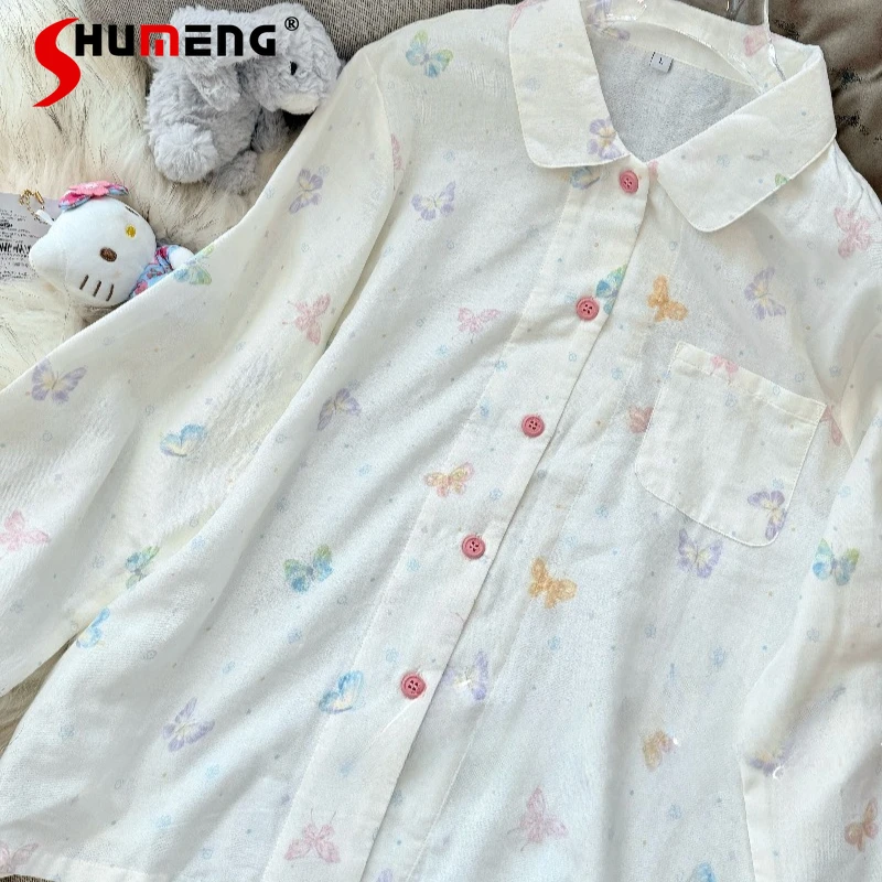 

Роскошный пижамный комплект из чистого хлопка с принтом бабочки, женский, с длинным рукавом, для сна весна-осень, высококачественная домашняя одежда в корейском стиле