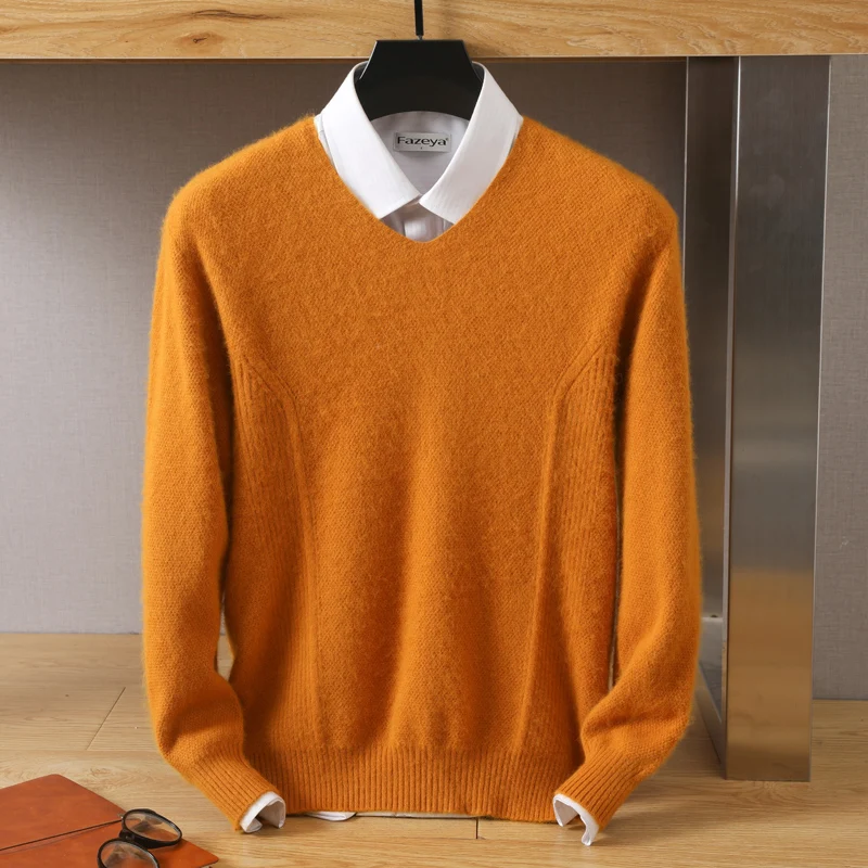 Jersey de punto para hombre, Jersey holgado de terciopelo de visón puro con cuello en V, manga larga, color sólido, para negocios, otoño e invierno, 100%