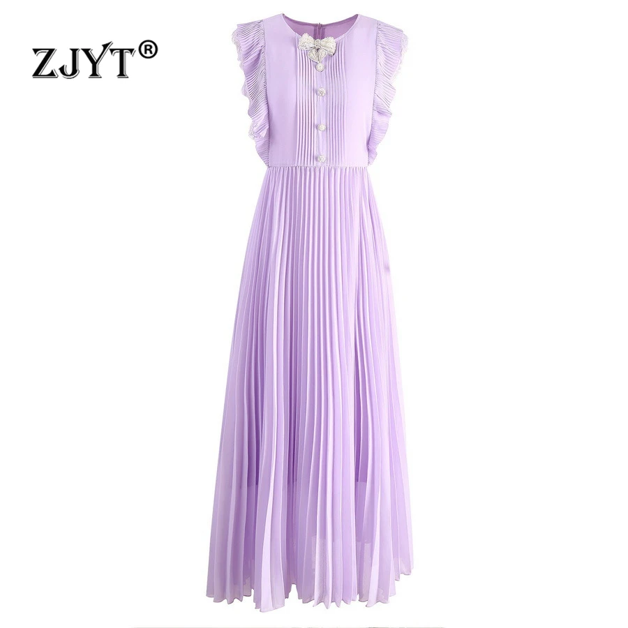 

ZJYT Elegant Women's Long Pleated Chiffon Dress Purple Butterfly Sleeve Pearls Bowknot Summer Vacation Party Dress New 2025 Robe