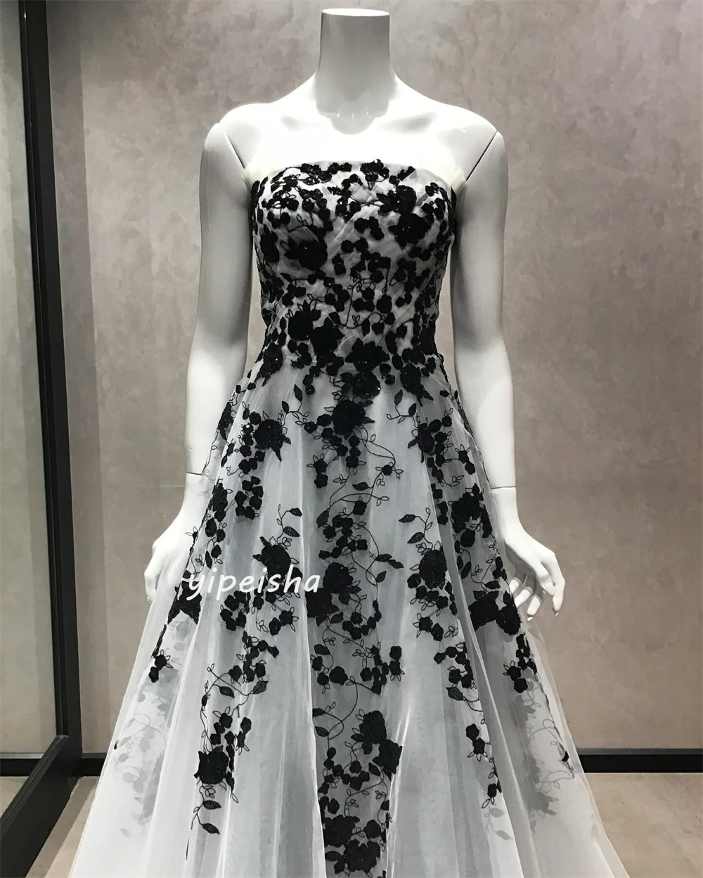 Robe de Soirée Trapèze Sans Bretelles en Tulle Personnalisé, Appliques, Drapée, Plissée, sur Mesure, pour Occasions sulf