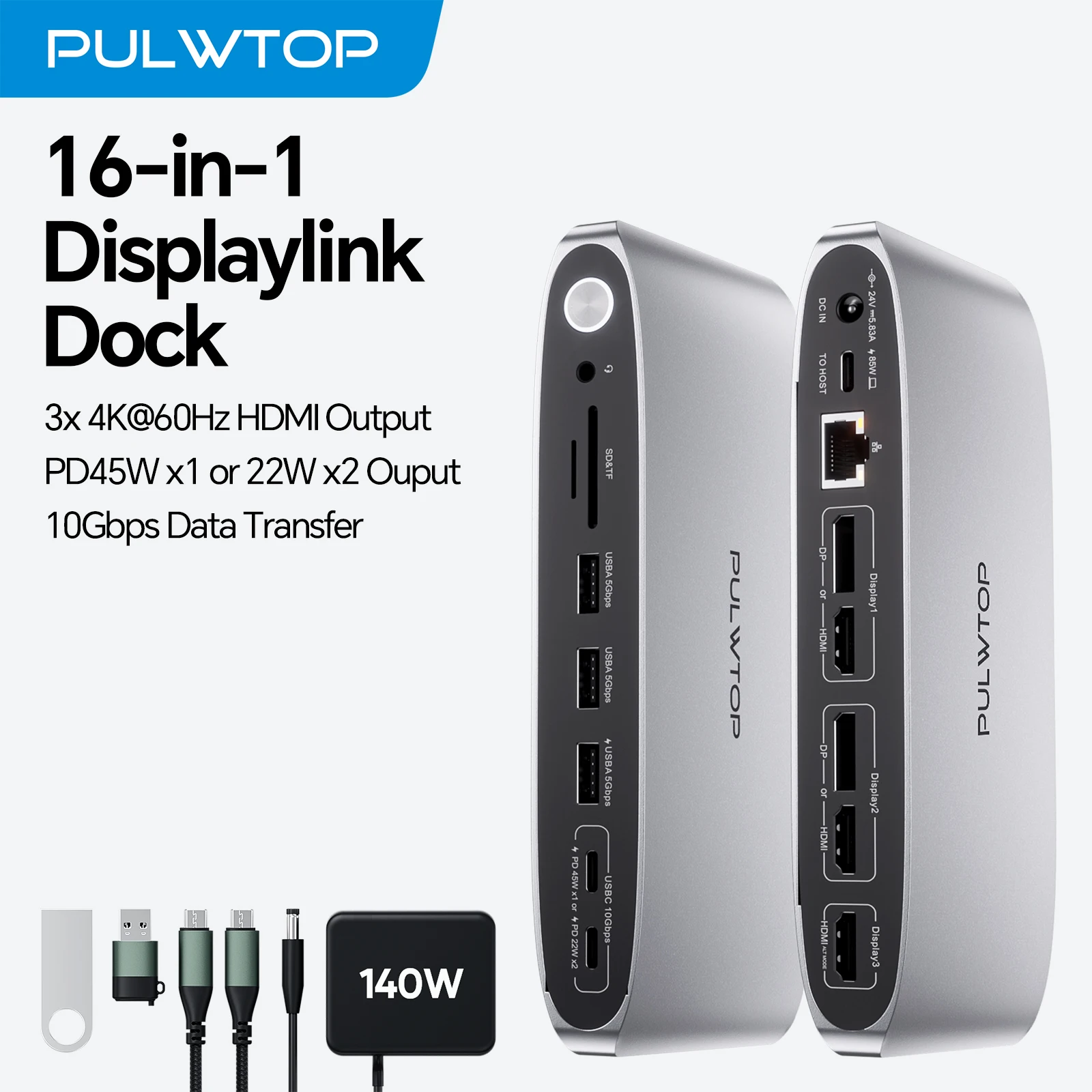 PULWTOP DisplayLink Docking Station Triple Monitor with 140 W Power Supply, 4K@60Hz USB C Dock for Windows/Macbook, 3 HDMI& 2 DP