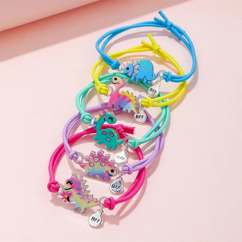 5Pcs/set Cute Cartoon Dinosaur Acrylic Charm Stretch Rope Bracelet for Girls Hairband Use Party Birthday Gift
