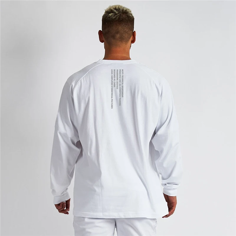 

Новый стиль, мужская хлопковая футболка с круглым вырезом, дышащая эластичная футболка для тренировок с принтом, бодибилдинг, с длинным рукавом, осень-зима