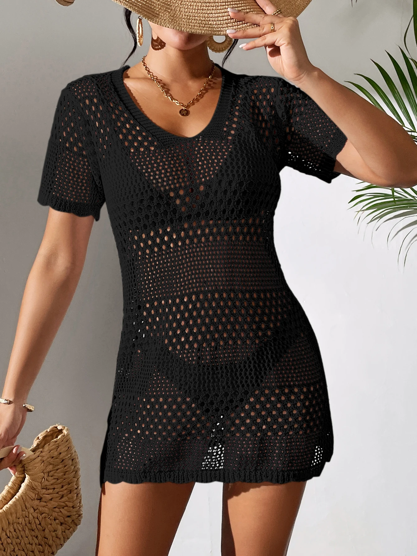 2024 Kobiety z krótkim rękawem Dzianina Casual Plaża Slim Tops V-Neck Sexy Hollow Out Solid Color Knitting Crochet Cover Up