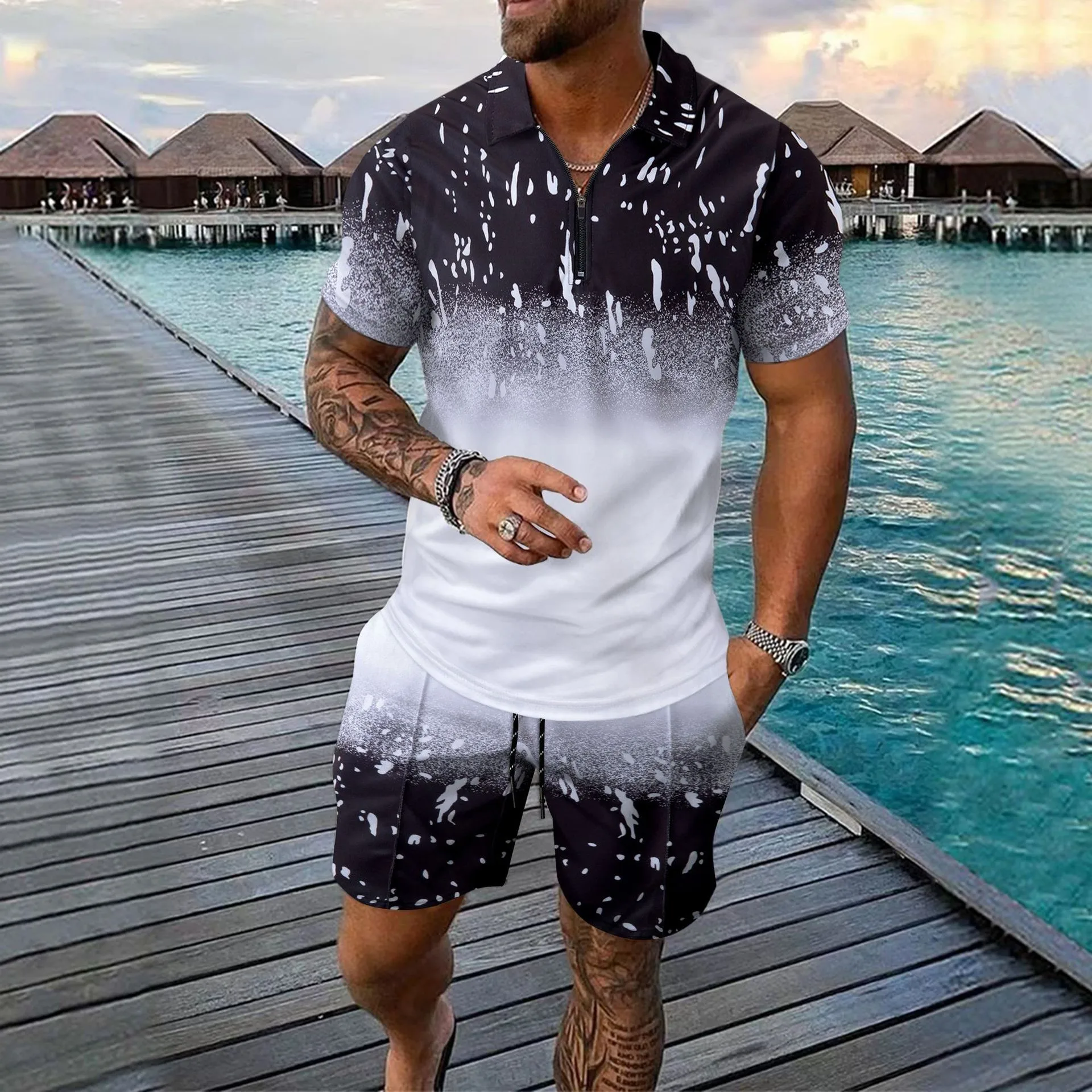 

Two Sets Of men's New Summer Gradient short-sleeved Top T-shirt And Drawstring Shorts For 2025 Ropa Hombre Plus Size Men
