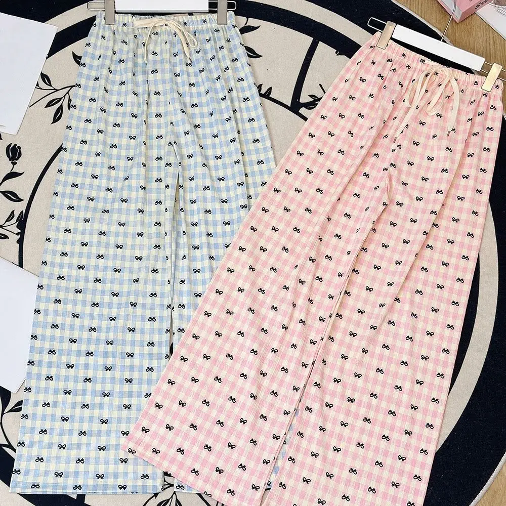 

Elastic Waist Stripe Plaid Bowknot Pajama Pants Sweet Thin Sleepwear Pants Women Indoor Outdoor Bow Grid Long Pants Sleepwear