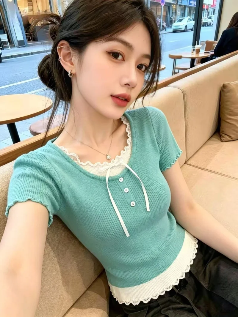 

Sweet Korean Style Knitted Top with Wood Grain Knot Anti-Aging Shoulder for Women Summer New Arrival