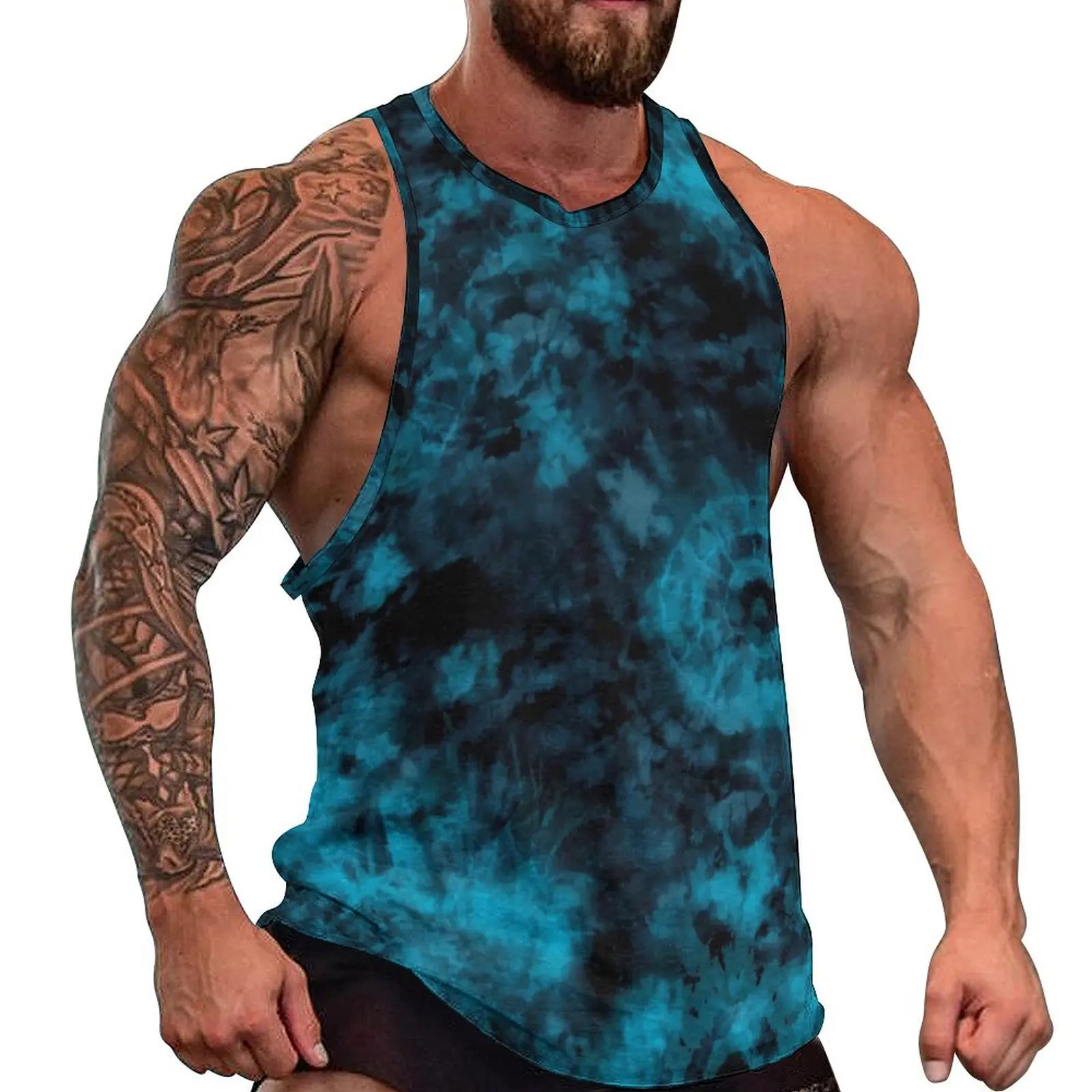 

Blue And Black Tie Dye Tank Top Man's Abstract Art Bodybuilding Oversize Tops Beach Fashion Printed Sleeveless Vests