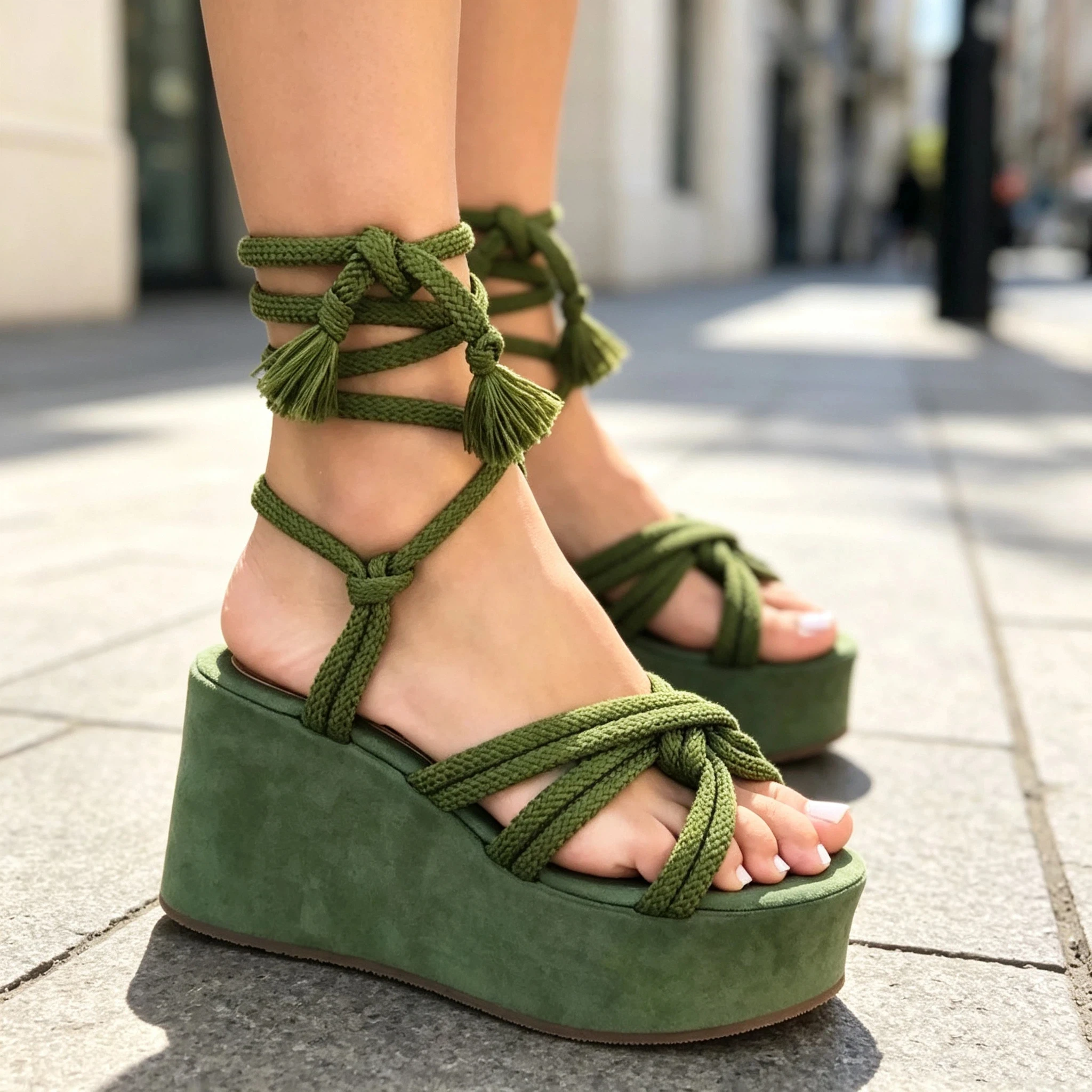 Women Platform Wedge Sandals Tassel Lace Ankle Wrap Sandal Open Toe Braided Rope Strap Summer Fashion Casual Beach Wedge Shoes
