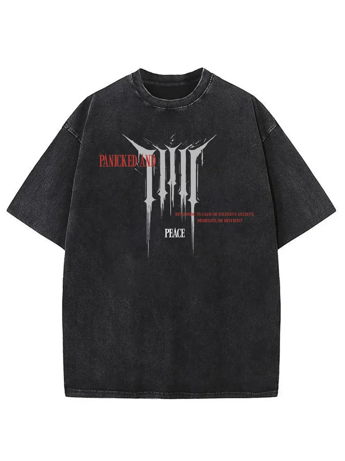 Men's Washed Graphic T-Shirt with Panicked and Peace Gothic Lettering Print, Short-Sleeved Round-Neck Casual Top, Regular Fit, Slightly Stretchy Fabric, Flared Hem