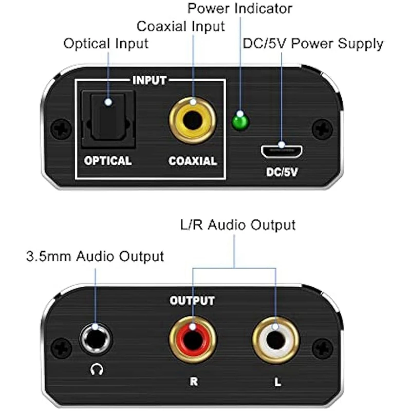 Schwarzer digital-Analog-Audio-Konverter, 192 kHz DAC, optisch und koaxial zu analogem Stereo, L/R RCA + 3,2 Fuß optisches/koaxiales Kabel