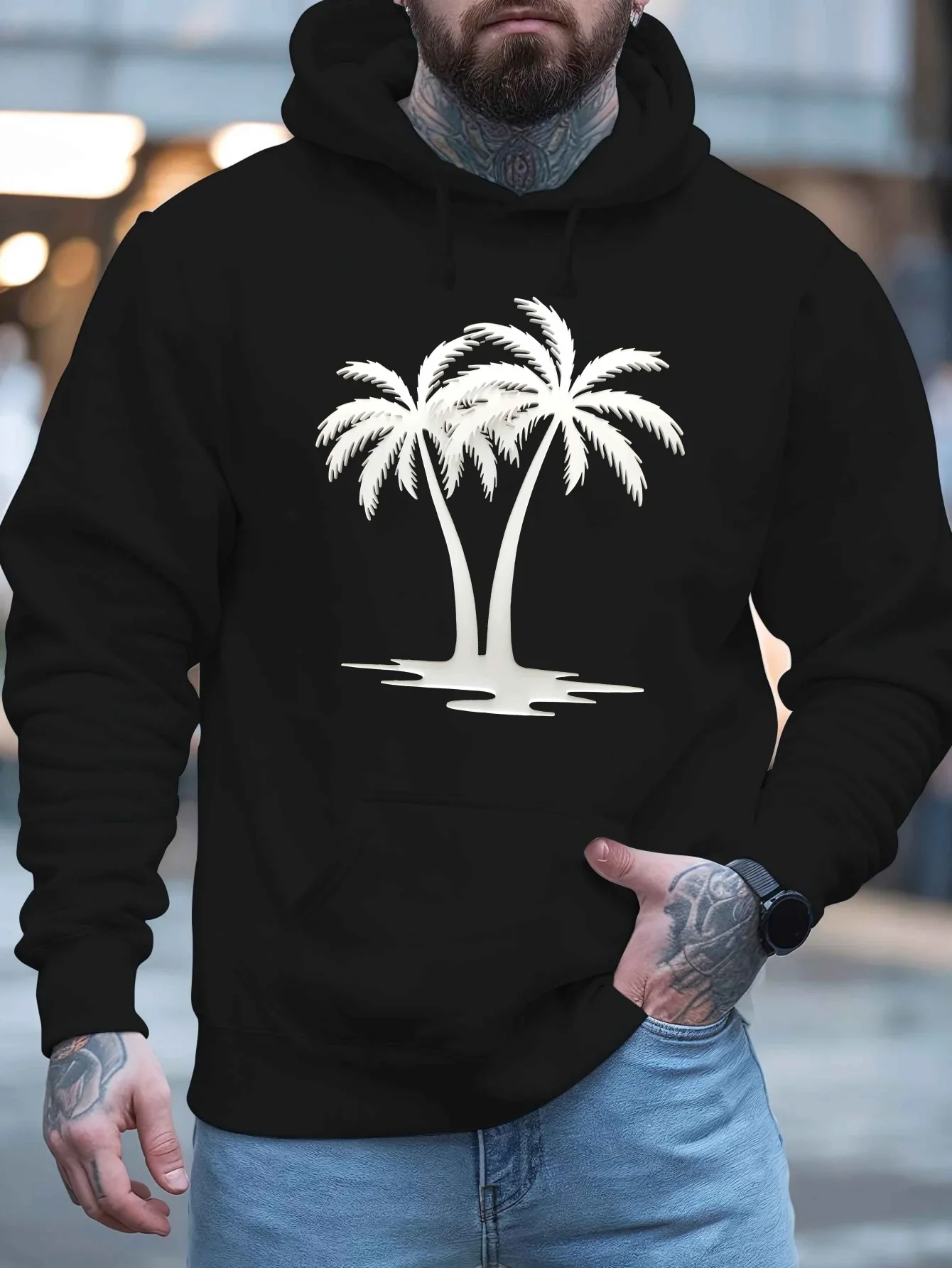 Minimal Tropical Coconut Tree Graphic Hoodie Simple Palm Tree Silhouette Print Casual Beach Streetwear Sweatshirt For Men Women