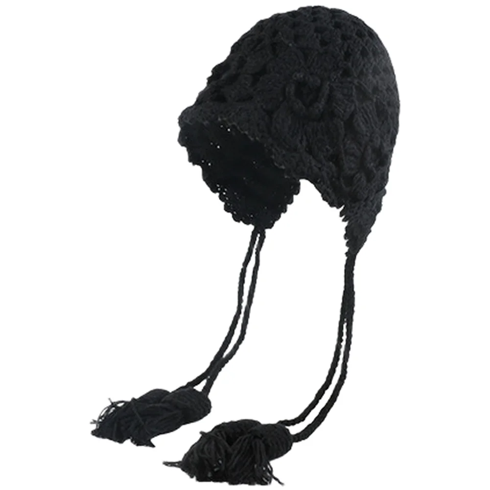 Crochet Knit Winter Hat for Women Double Layer Construction Featuring Ear Flaps and Tassel Decoration Elements
