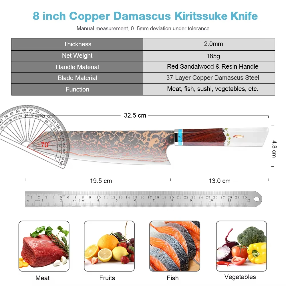 Kiritsuke Chef Knife,8 Inch, 37 Layers Tricolor Copper Damascus Steel-Japanese Damascus Knife for Chefs&Home Cooking-Razor Shar