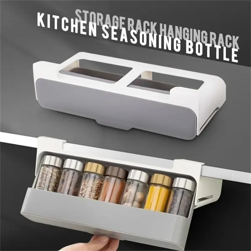 Home Kitchen Self-adhesive Spice Storage Rack Wall-mounted Under-Shelf Spice Closet Organizer Kitchen Spice Bottle Storage Rack