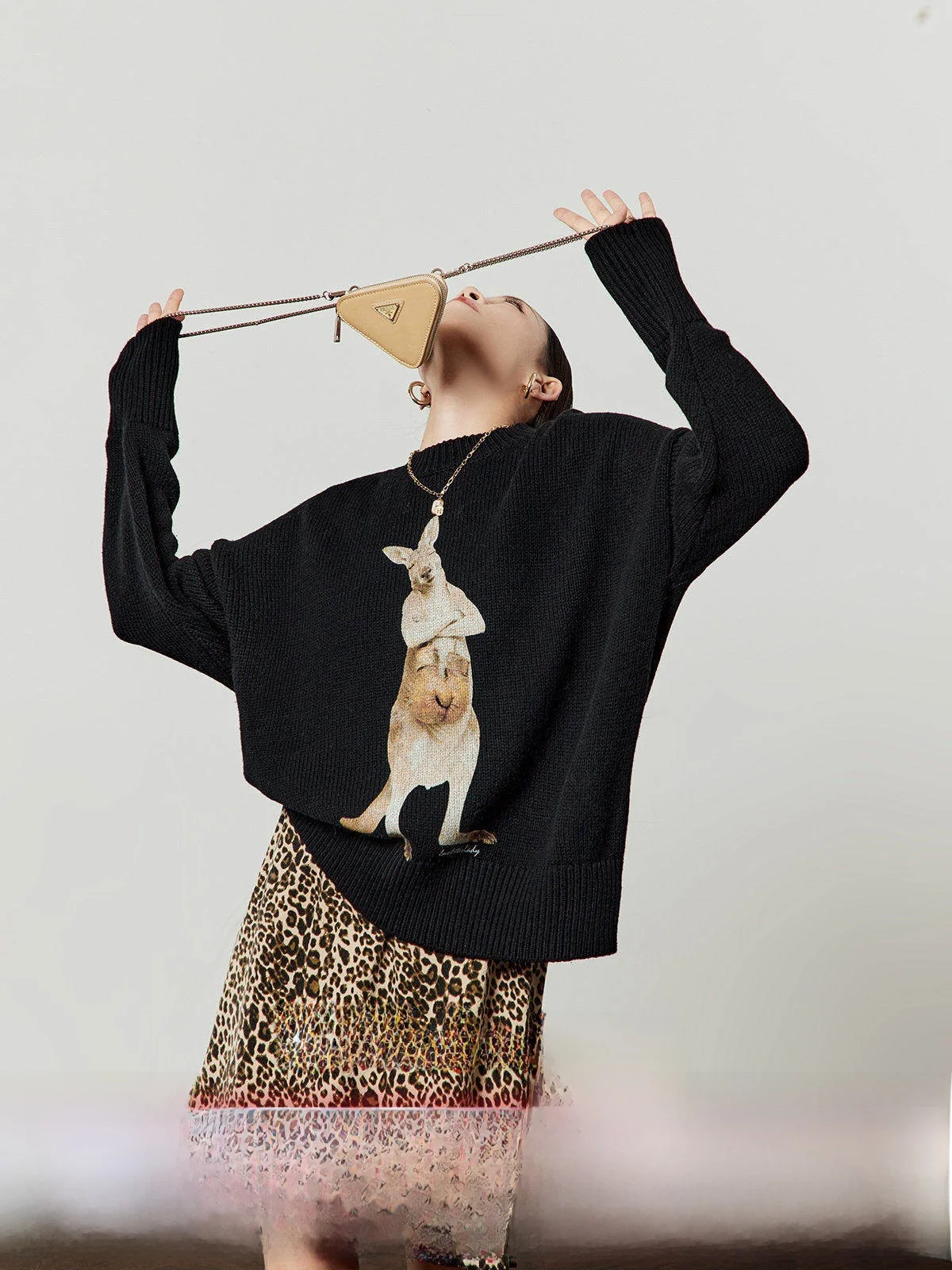 

Bla Knitted Loose Women's Sweater Spring Autumn New Sle Boxing Kangaroo Print Casual Comfortable Breathable Faionable