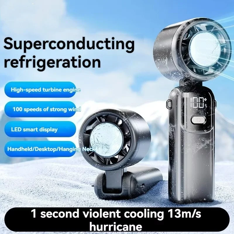 Ventilador de mano JPNPL con paquete de hielo colgante, plegable, de alta velocidad, con 100 velocidades infinitamente ajustables, portátil para uso en exteriores y para el cuello.