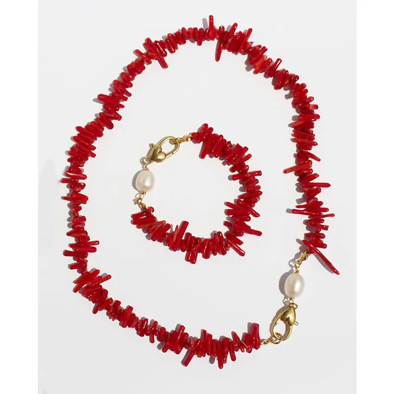 Holiday Beach Style Irregular Red Coral Strand Chain Necklace Bracelet Earrings Set Freshwater Pearl Clavicle Chain for Women
