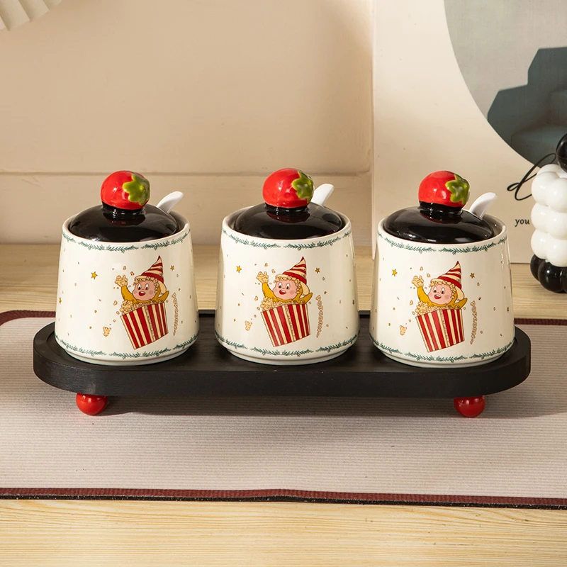 

Керамическая банка для приправ с рисунком попкорна, бытовая солонка с персонажем мультфильма и совок с крышкой, креативная высокоэстетичная посуда