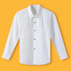 Boys' White Shirts Long Sleeves Cotton Children's White Blouse Size 110-180 Teen Boy Stage Wedding Graduation Party Costumes