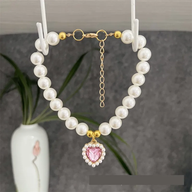 Pet Collar Cat Dog Bell Pearl Necklace Jewelry Love Gem Pet Cat Collar Pet Supplies Adjustable Pet Collar Accessories