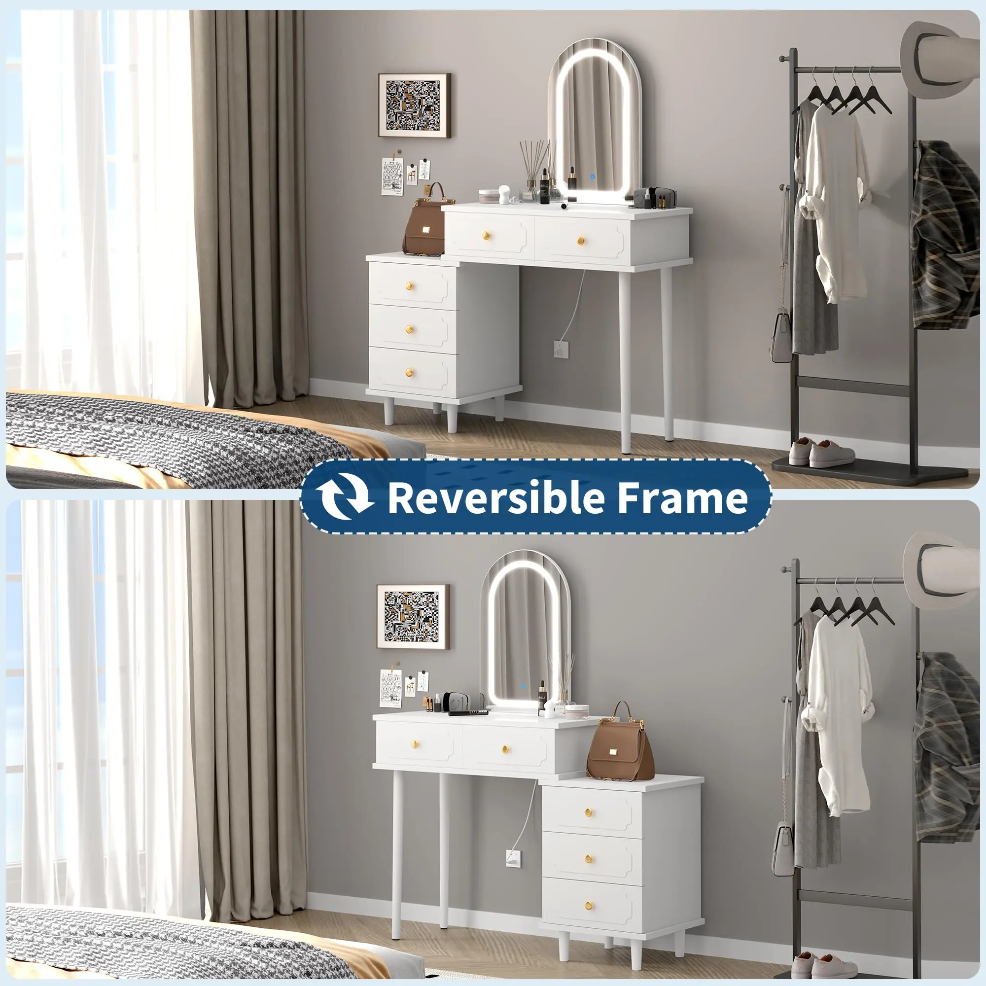 Modern Vanity Desk with LED Lighted Mirror, 2 Drawers, Adjustable 3-Drawer Cabinet, Ample Bedroom Storage, Elegant Wooden Makeup Table, Perfect for Women and Girls