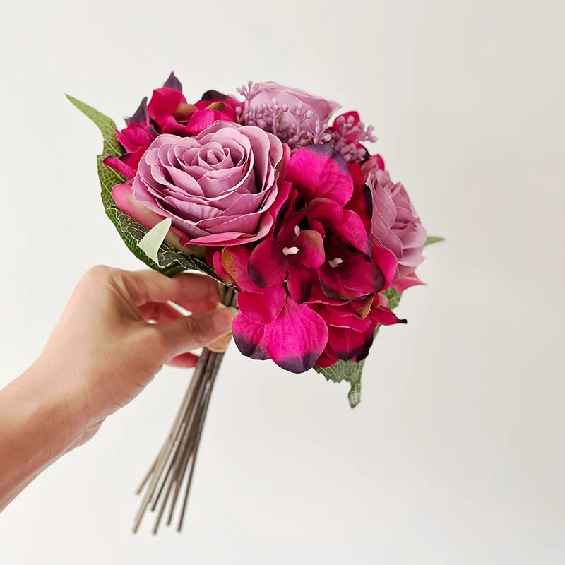 Ramos de flores artificiales para dama de honor, Hortensia, rosas de seda, ramo de novia, decoración de boda