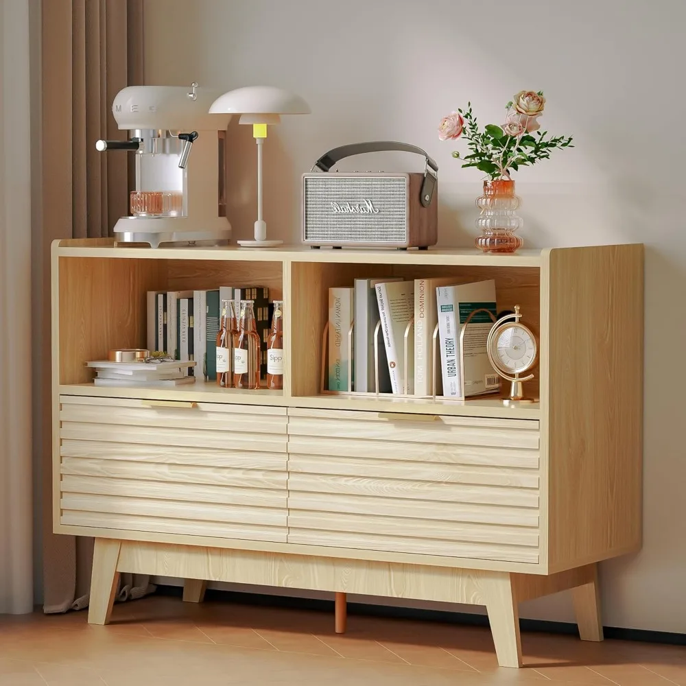 

Buffet Sideboard Oak, Modern Storage Cabinet w/Cord Cutout, Accent Cabinet with Solid Wood Legs, Console Table w/Swing Do