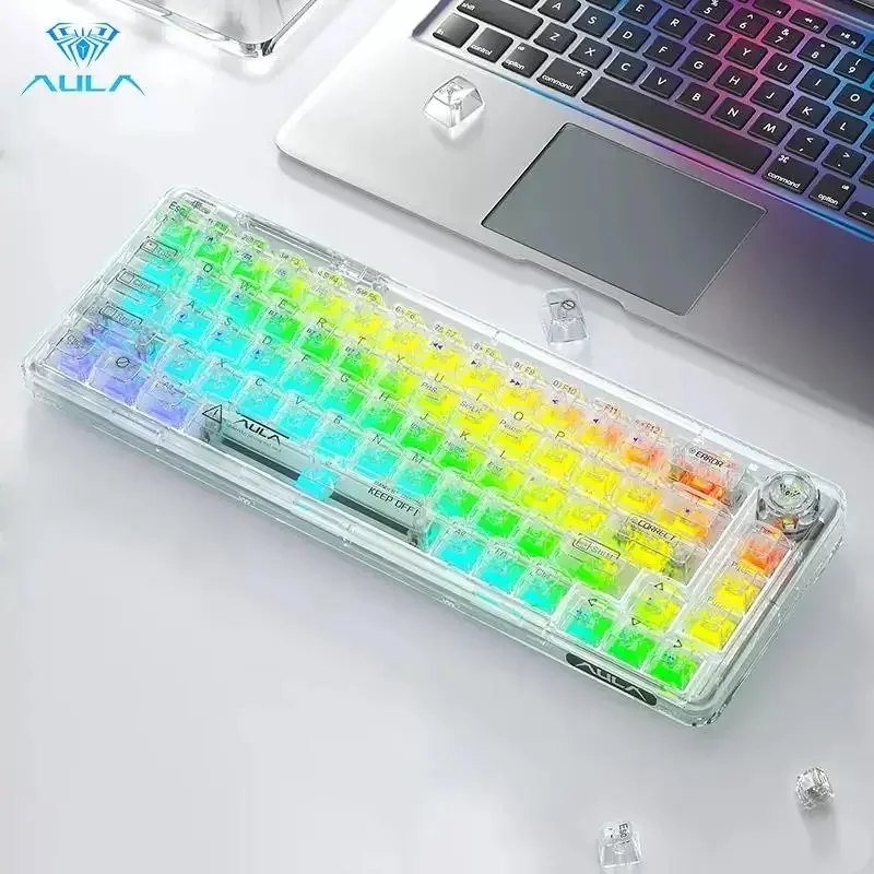 aula f68 teclado mecanico sem fio transparente compacto rgb retroiluminado bluetooth teclado para jogos com fio para laptop pc ios mac 01