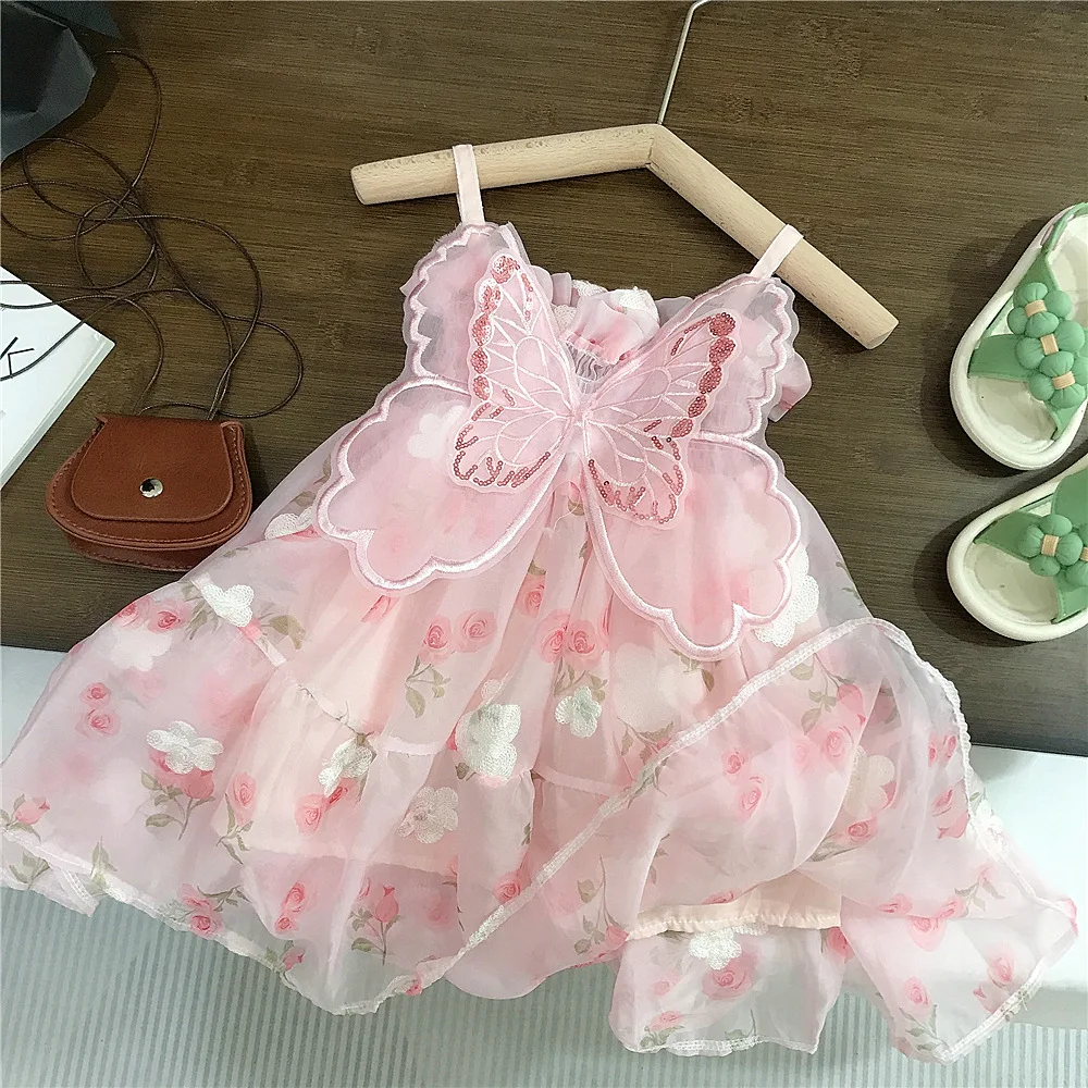 (0-3 years old) Summer Baby Girl Flower Printed Sweet Princess Dress Girl Back Bow Wings Birthday Party Dress