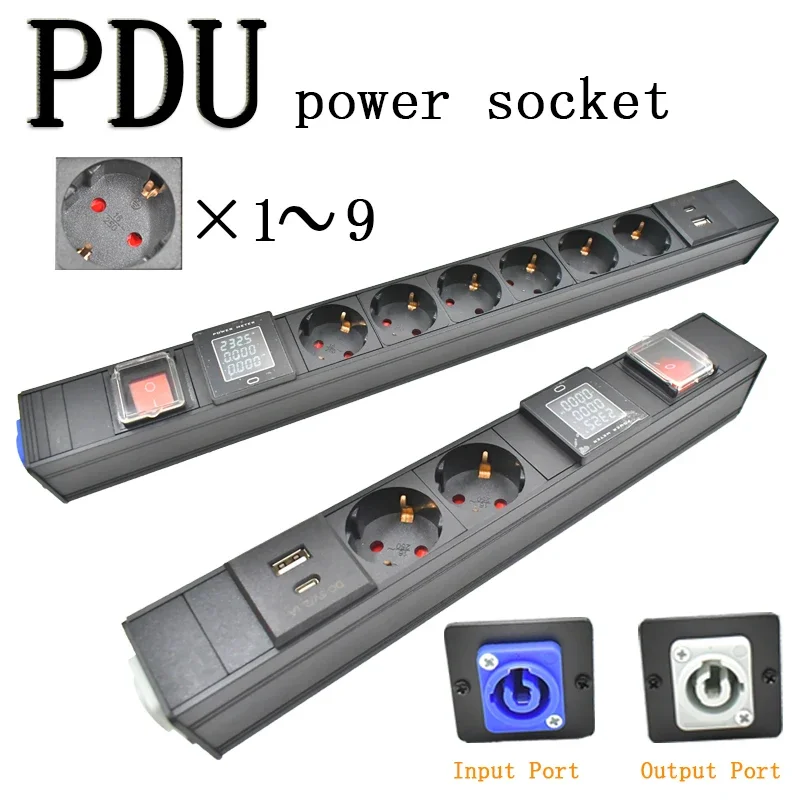 

PDU power strip Network cabinet rack Aviation Input/Output1-10AC EU socket with Type-C port ammeter double break switch wireless