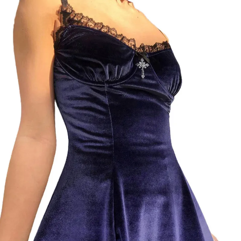 Women Ruffles Velvet Dress Summer 2022 Adults Fashion Retro Sleeveless Backless Spaghetti Strap V-Neck Lace Trim Bowknot Dress