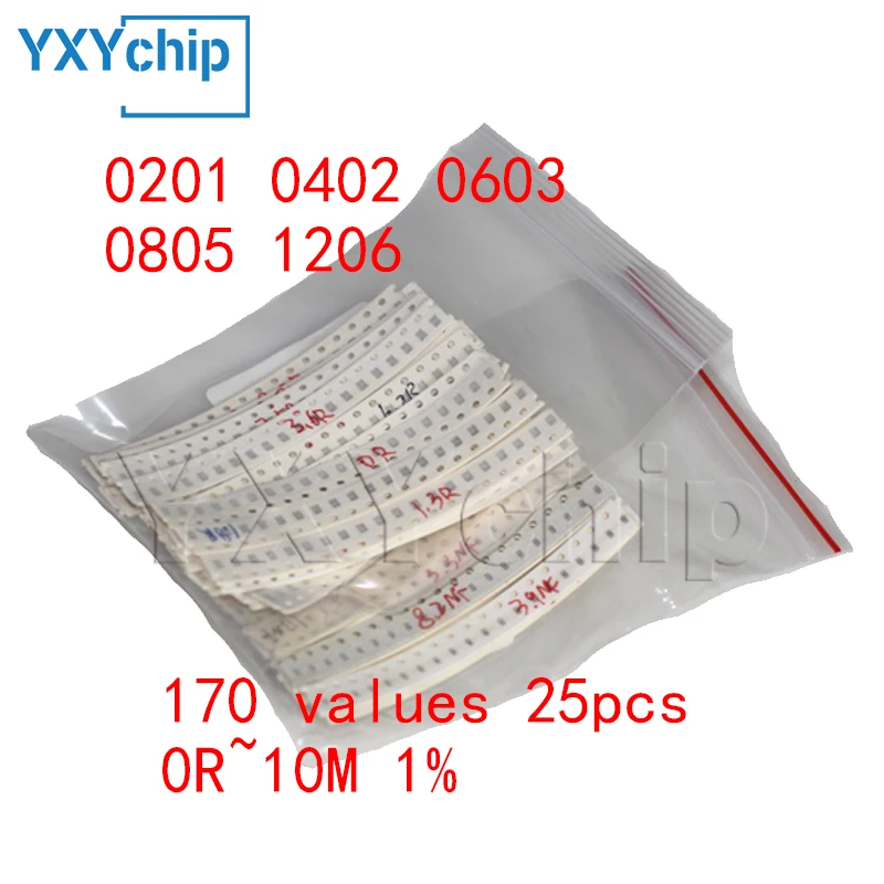 Resistor Book capacitor Book 2 in 1 Smd Book chip Sample 0201 0402 0603 0805 1206 170 values 25pcs 0R~10M 1% resistor assortment