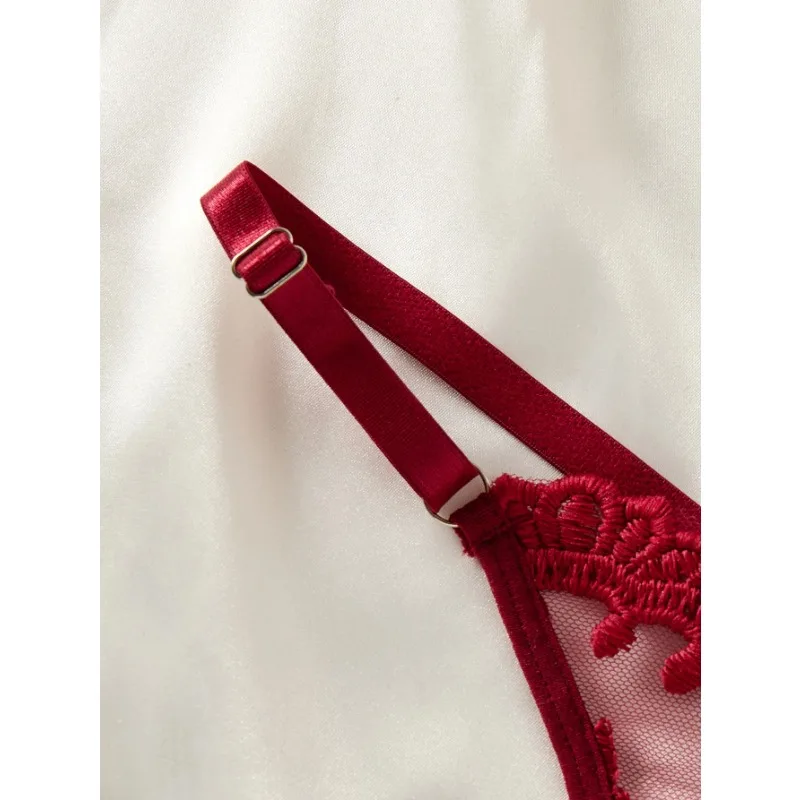 レディースワインレッドカントリースタイル小麦耳刺繍半透明ナイトガウン、エレガントで快適、リボンデザイン