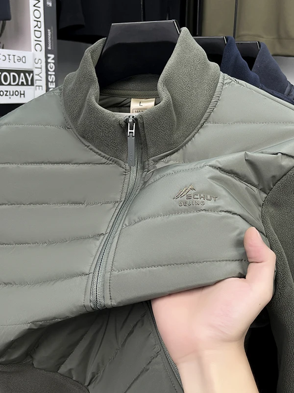 

Оливковый бархатный лоскутный кардиган на молнии, толстовка для мужчин, осень-зима, однотонный, с воротником-стойкой, повседневная теплая верхняя одежда, Jaet Tr...